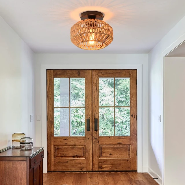 Alt view image 4 of 7 - 2 Pack Farmhouse Light Fixtures Ceiling Mount,Mini Rattan Boho Semi Flush Mount Ceiling Light,Hand Woven Hallway Light Fixtures for Bedroom Entryway Nursery Study Room