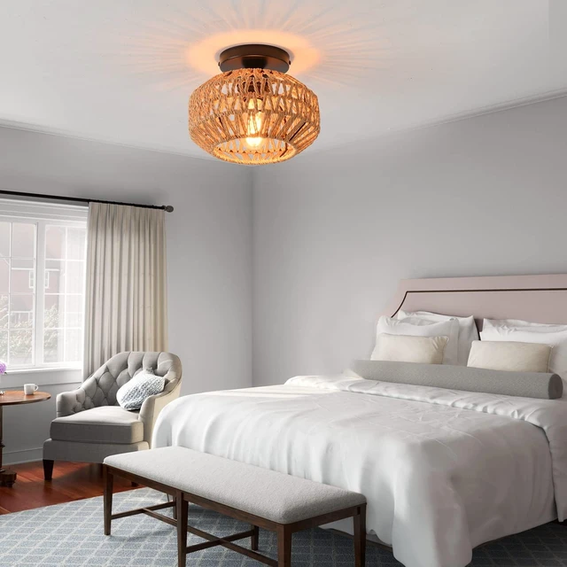 Alt view image 5 of 7 - 2 Pack Farmhouse Light Fixtures Ceiling Mount,Mini Rattan Boho Semi Flush Mount Ceiling Light,Hand Woven Hallway Light Fixtures for Bedroom Entryway Nursery Study Room