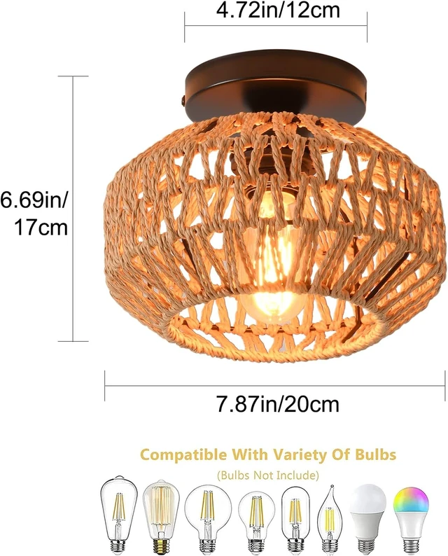 Alt view image 6 of 7 - 2 Pack Farmhouse Light Fixtures Ceiling Mount,Mini Rattan Boho Semi Flush Mount Ceiling Light,Hand Woven Hallway Light Fixtures for Bedroom Entryway Nursery Study Room
