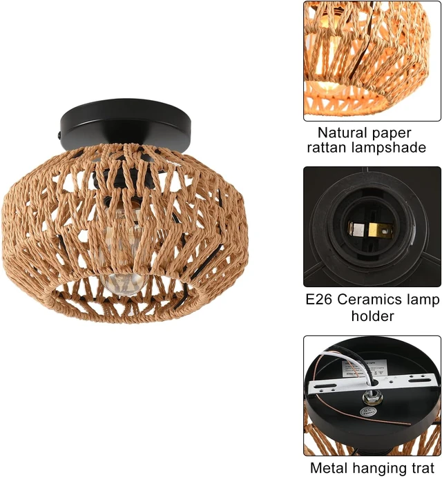 Alt view image 7 of 7 - 2 Pack Farmhouse Light Fixtures Ceiling Mount,Mini Rattan Boho Semi Flush Mount Ceiling Light,Hand Woven Hallway Light Fixtures for Bedroom Entryway Nursery Study Room