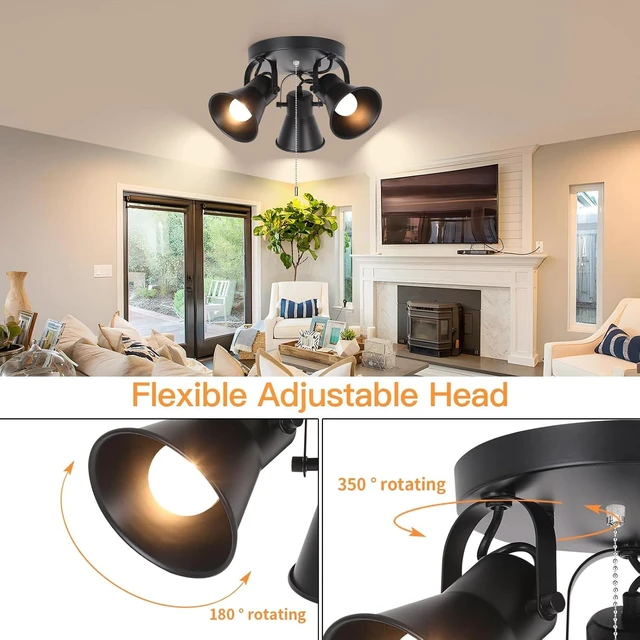Alt view image 2 of 7 - 3-Light Industrial Track Lighting with Pull Chain On/Off Switch, Adjustable Round Kitchen Ceiling Light, Morden Black Flush Mount Directional Light for Kitchen, Hallway, Dining Room, Bathroom