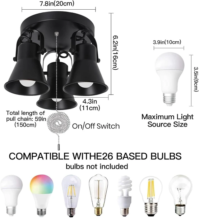 Main image of 3-Light Industrial Track Lighting with Pull Chain On/Off Switch, Adjustable Round Kitchen Ceiling Light, Morden Black Flush Mount Directional Light for Kitchen, Hallway, Dining Room, Bathroom