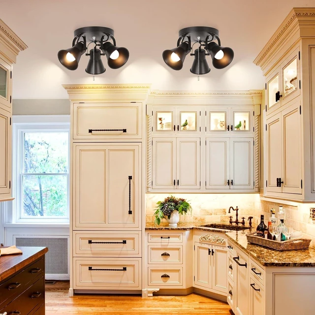 Alt view image 4 of 7 - 3-Light Industrial Track Lighting with Pull Chain On/Off Switch, Adjustable Round Kitchen Ceiling Light, Morden Black Flush Mount Directional Light for Kitchen, Hallway, Dining Room, Bathroom