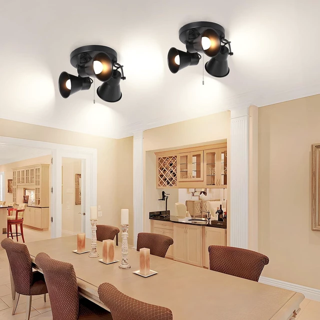 Alt view image 5 of 7 - 3-Light Industrial Track Lighting with Pull Chain On/Off Switch, Adjustable Round Kitchen Ceiling Light, Morden Black Flush Mount Directional Light for Kitchen, Hallway, Dining Room, Bathroom