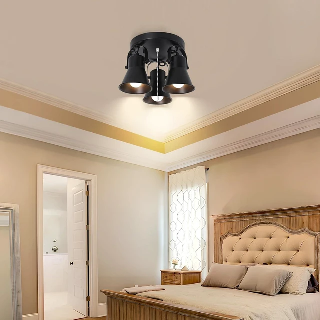 Alt view image 6 of 7 - 3-Light Industrial Track Lighting with Pull Chain On/Off Switch, Adjustable Round Kitchen Ceiling Light, Morden Black Flush Mount Directional Light for Kitchen, Hallway, Dining Room, Bathroom