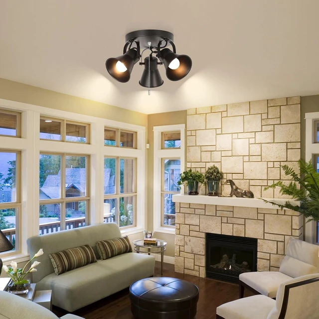 Alt view image 7 of 7 - 3-Light Industrial Track Lighting with Pull Chain On/Off Switch, Adjustable Round Kitchen Ceiling Light, Morden Black Flush Mount Directional Light for Kitchen, Hallway, Dining Room, Bathroom