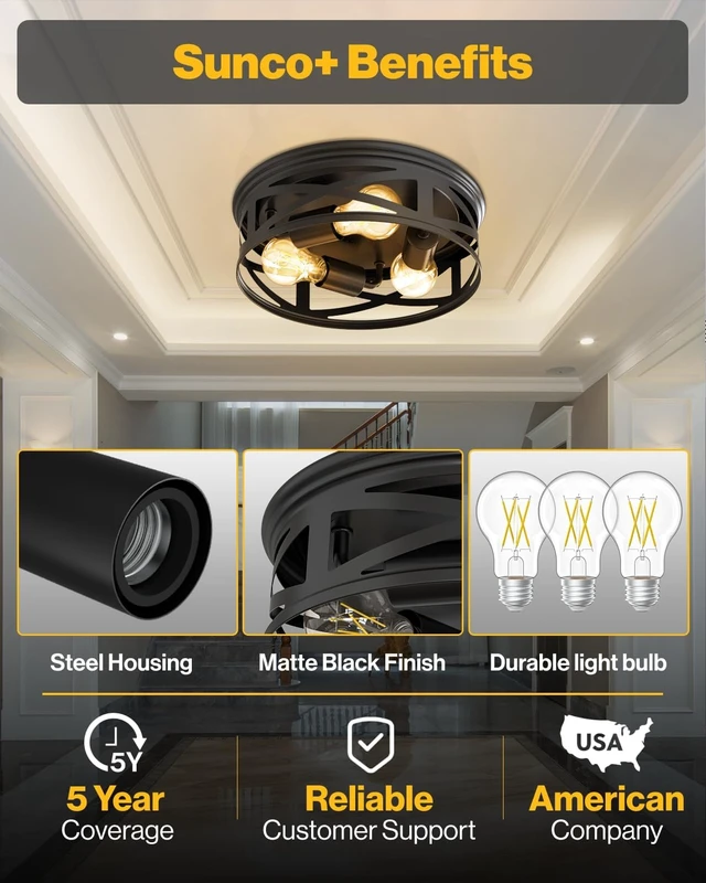 Alt view image 7 of 7 - Sunco 2 Pack Farmhouse 3-Light Flush Mount Ceiling Fixtures, E26 Base