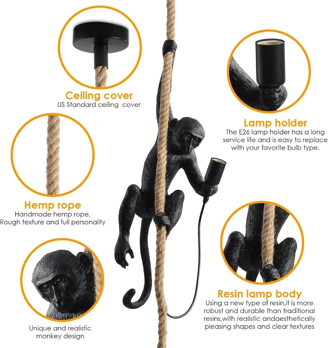 Alt view image 5 of 7 - Modern Resin Monkey Wall Lamp & Pendant Light - Hemp Rope Vintage Lamp for Home Decor - Dining, Living Room, Bedroom, Entryway (Black)