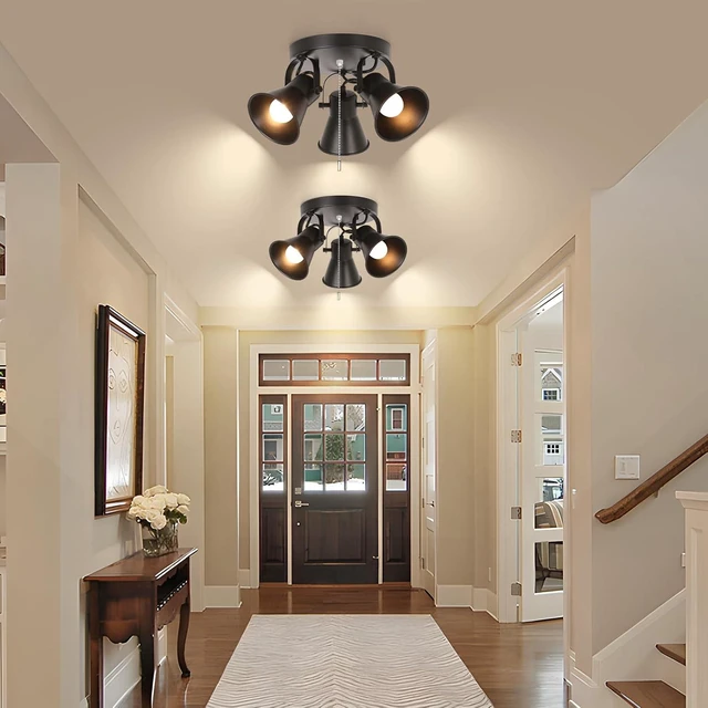 Alt view image 3 of 7 - 3-Light Industrial Track Lighting with Pull Chain On/Off Switch, Adjustable Round Kitchen Ceiling Light, Morden Black Flush Mount Directional Light for Kitchen, Hallway, Dining Room, Bathroom