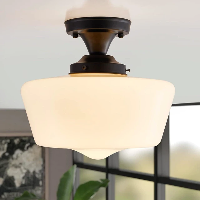 Main image of Black Schoolhouse Light Fixture, 12" Milk Glass Flush Mount Ceiling Light