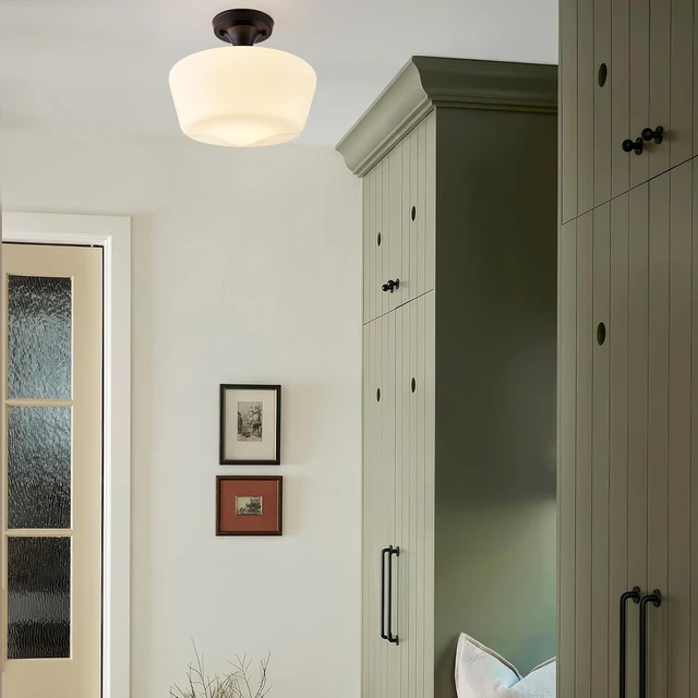 Alt view image 2 of 7 - Black Schoolhouse Light Fixture, 12" Milk Glass Flush Mount Ceiling Light