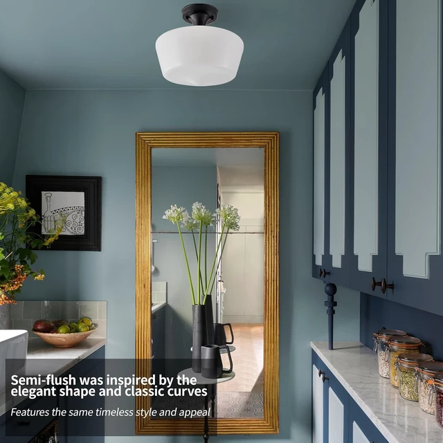 Alt view image 3 of 7 - Black Schoolhouse Light Fixture, 12" Milk Glass Flush Mount Ceiling Light
