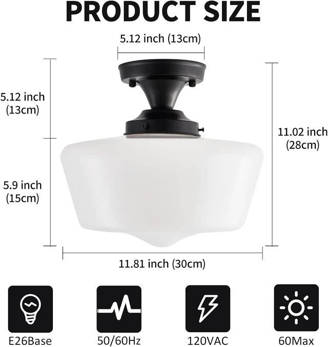 Alt view image 4 of 7 - Black Schoolhouse Light Fixture, 12" Milk Glass Flush Mount Ceiling Light