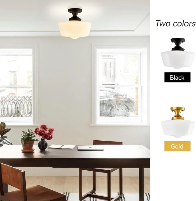 Alt view image 5 of 7 - Black Schoolhouse Light Fixture, 12" Milk Glass Flush Mount Ceiling Light