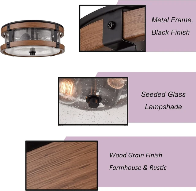 Alt view image 3 of 7 - DEYNITE 2-Light Ceiling Light Drum Seeded Glass Shade Black & Rust Light