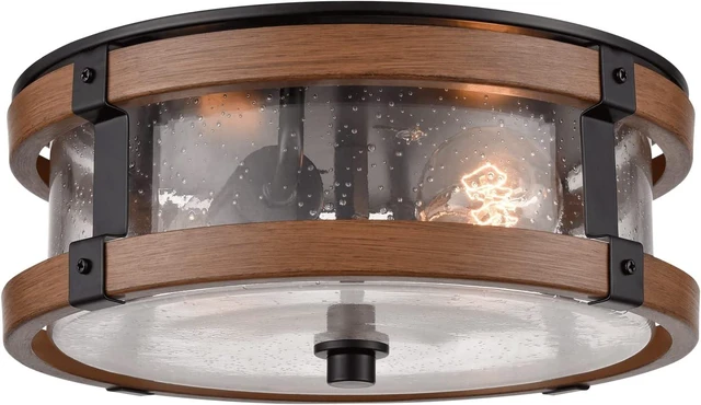 Main image of DEYNITE 2-Light Ceiling Light Drum Seeded Glass Shade Black & Rust Light