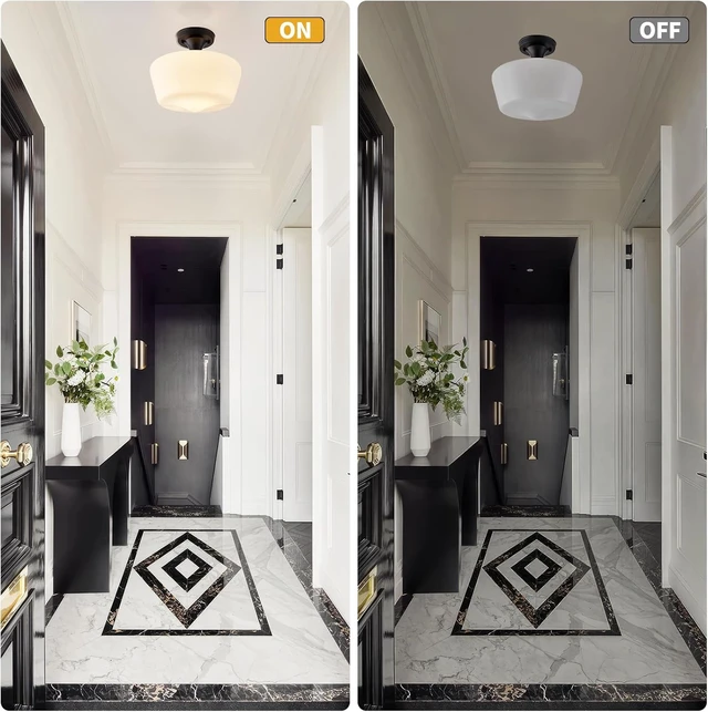 Alt view image 6 of 7 - Black Schoolhouse Light Fixture, 12" Milk Glass Flush Mount Ceiling Light