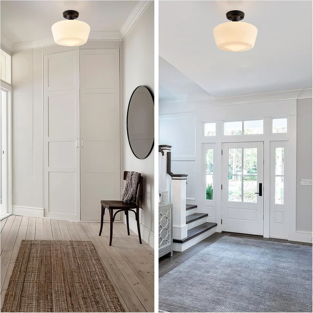 Alt view image 7 of 7 - Black Schoolhouse Light Fixture, 12" Milk Glass Flush Mount Ceiling Light