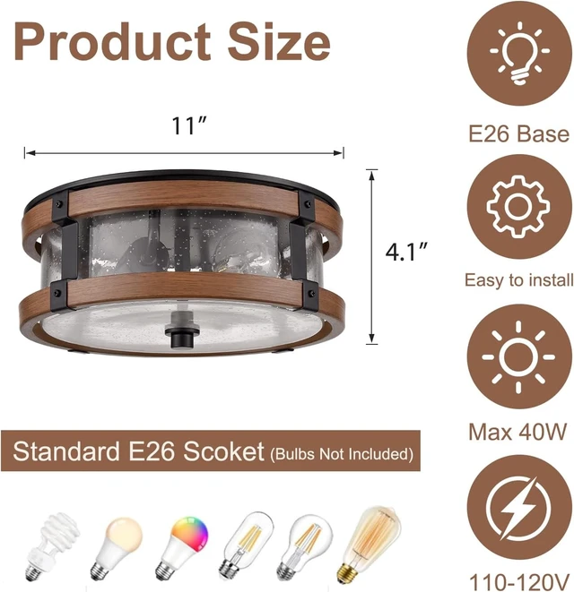 Alt view image 4 of 7 - DEYNITE 2-Light Ceiling Light Drum Seeded Glass Shade Black & Rust Light