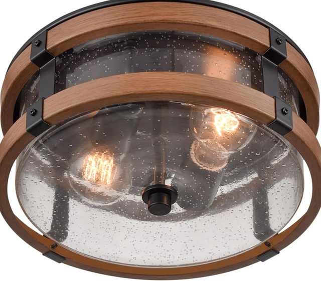 Alt view image 5 of 7 - DEYNITE 2-Light Ceiling Light Drum Seeded Glass Shade Black & Rust Light