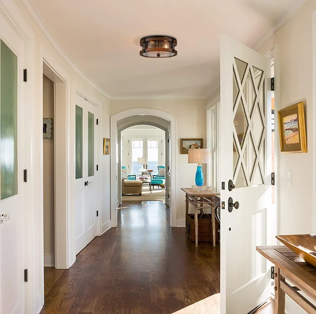 Alt view image 2 of 7 - DEYNITE 2-Light Ceiling Light Drum Seeded Glass Shade Black & Rust Light