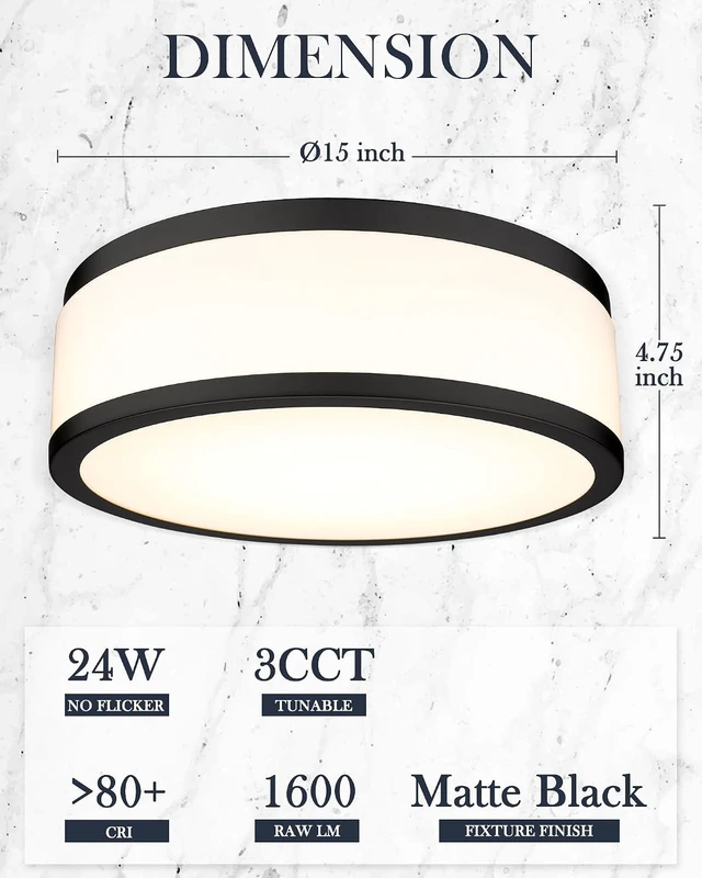 Alt view image 4 of 7 - LED Flush Mount Ceiling Light, 15 inch, 24W Dimmable 3000K 4000K 5000K Matte Black Modern Round Ceiling Light Fixture for Kitchen, Hallway, Bathroom, Stairwell, LMS-054