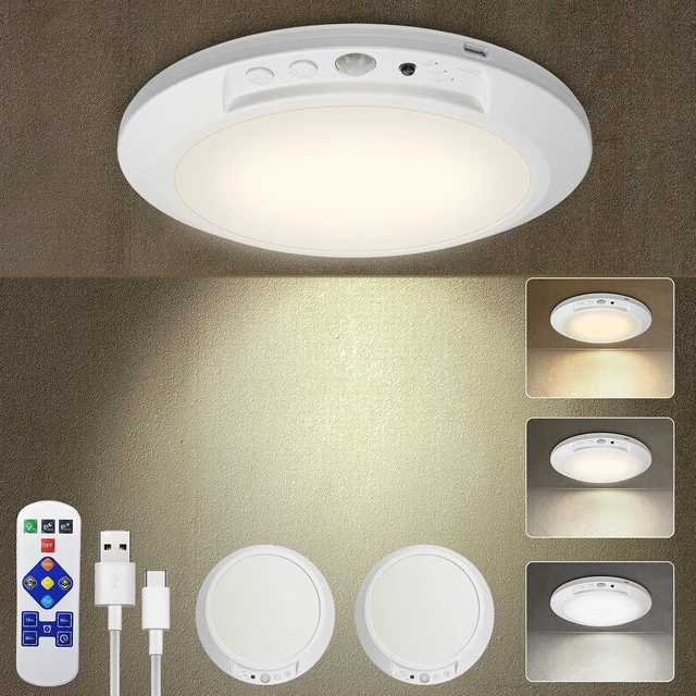 Main image of Motion Sensor Ceiling Light Battery Operated with Remote, 2 Pack Wireless Rechargeable Ceiling Lights Indoor, 3CCT Dimmable Closet Night Light for Shower Stairs Shed Hallway Porch RV and Tent