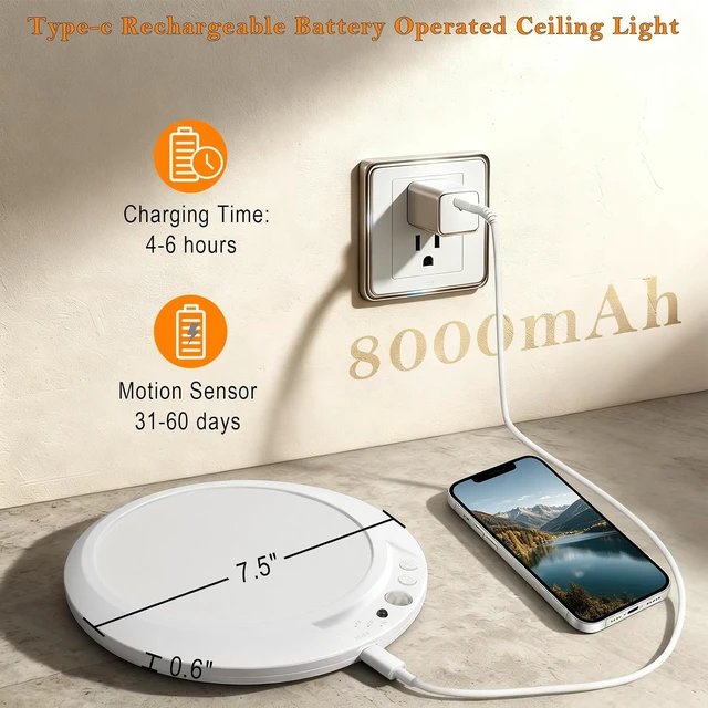 Alt view image 2 of 7 - Motion Sensor Ceiling Light Battery Operated with Remote, 2 Pack Wireless Rechargeable Ceiling Lights Indoor, 3CCT Dimmable Closet Night Light for Shower Stairs Shed Hallway Porch RV and Tent