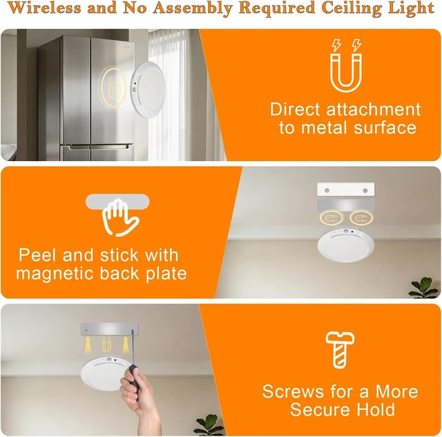 Alt view image 3 of 7 - Motion Sensor Ceiling Light Battery Operated with Remote, 2 Pack Wireless Rechargeable Ceiling Lights Indoor, 3CCT Dimmable Closet Night Light for Shower Stairs Shed Hallway Porch RV and Tent