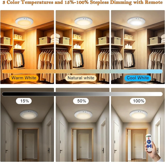 Alt view image 5 of 7 - Motion Sensor Ceiling Light Battery Operated with Remote, 2 Pack Wireless Rechargeable Ceiling Lights Indoor, 3CCT Dimmable Closet Night Light for Shower Stairs Shed Hallway Porch RV and Tent