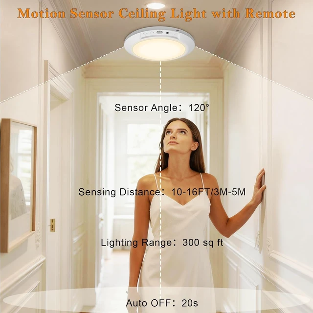 Alt view image 7 of 7 - Motion Sensor Ceiling Light Battery Operated with Remote, 2 Pack Wireless Rechargeable Ceiling Lights Indoor, 3CCT Dimmable Closet Night Light for Shower Stairs Shed Hallway Porch RV and Tent