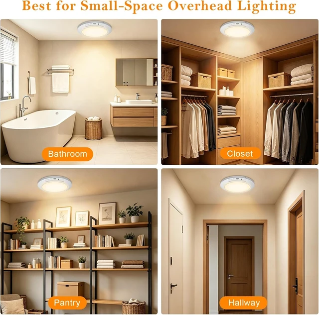 Alt view image 6 of 7 - Motion Sensor Ceiling Light Battery Operated with Remote, 2 Pack Wireless Rechargeable Ceiling Lights Indoor, 3CCT Dimmable Closet Night Light for Shower Stairs Shed Hallway Porch RV and Tent