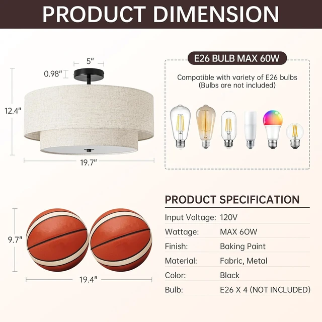 Alt view image 2 of 7 - 4-Light Semi Flush Mount Ceiling Light, 19.7" Double Drum Ceiling Light