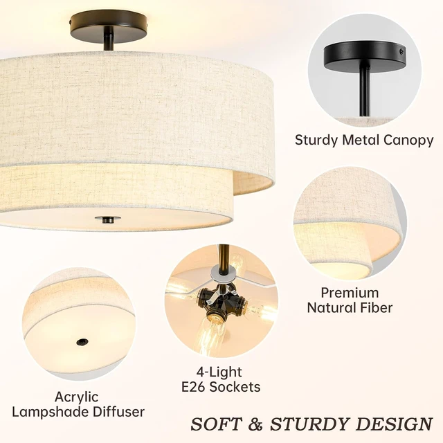 Alt view image 3 of 7 - 4-Light Semi Flush Mount Ceiling Light, 19.7" Double Drum Ceiling Light