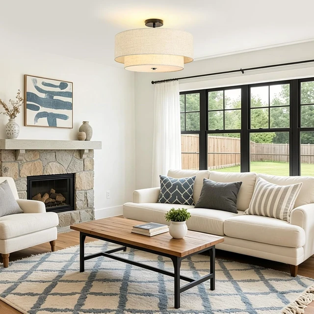 Alt view image 4 of 7 - 4-Light Semi Flush Mount Ceiling Light, 19.7" Double Drum Ceiling Light