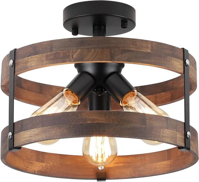Main image of 3-Light Rustic Farmhouse Wood Flush Mount Ceiling Light Fixture Oak Wood Round Drum Semi Flush Mount Ceiling Light for Hallway Hall Entry Bedroom Farmhouse Indoor, Black