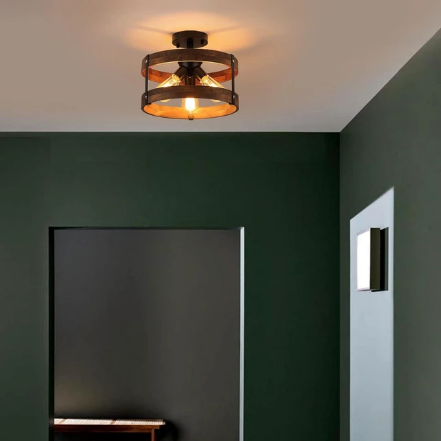 Alt view image 2 of 7 - 3-Light Rustic Farmhouse Wood Flush Mount Ceiling Light Fixture Oak Wood Round Drum Semi Flush Mount Ceiling Light for Hallway Hall Entry Bedroom Farmhouse Indoor, Black