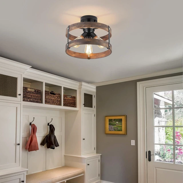 Alt view image 3 of 7 - 3-Light Rustic Farmhouse Wood Flush Mount Ceiling Light Fixture Oak Wood Round Drum Semi Flush Mount Ceiling Light for Hallway Hall Entry Bedroom Farmhouse Indoor, Black