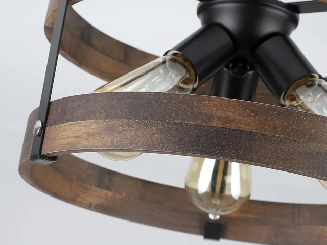 Alt view image 6 of 7 - 3-Light Rustic Farmhouse Wood Flush Mount Ceiling Light Fixture Oak Wood Round Drum Semi Flush Mount Ceiling Light for Hallway Hall Entry Bedroom Farmhouse Indoor, Black