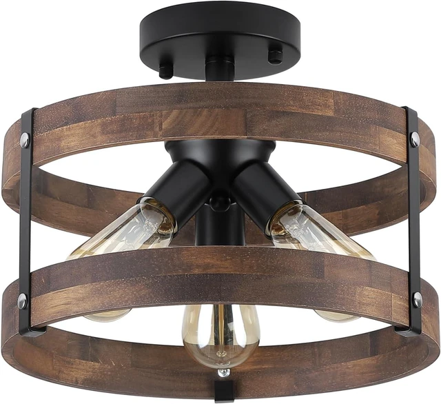 Alt view image 7 of 7 - 3-Light Rustic Farmhouse Wood Flush Mount Ceiling Light Fixture Oak Wood Round Drum Semi Flush Mount Ceiling Light for Hallway Hall Entry Bedroom Farmhouse Indoor, Black