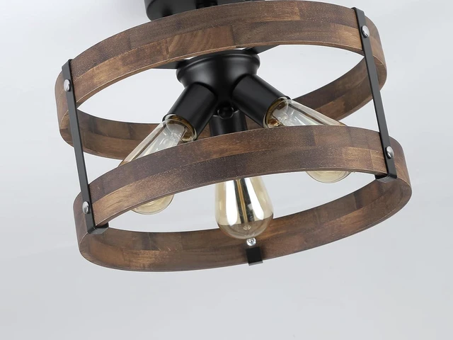 Alt view image 5 of 7 - 3-Light Rustic Farmhouse Wood Flush Mount Ceiling Light Fixture Oak Wood Round Drum Semi Flush Mount Ceiling Light for Hallway Hall Entry Bedroom Farmhouse Indoor, Black