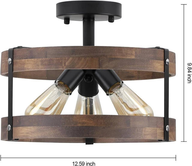 Alt view image 4 of 7 - 3-Light Rustic Farmhouse Wood Flush Mount Ceiling Light Fixture Oak Wood Round Drum Semi Flush Mount Ceiling Light for Hallway Hall Entry Bedroom Farmhouse Indoor, Black