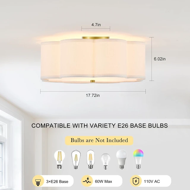 Alt view image 4 of 7 - 17.7" Gold Drum Ceiling Light, 3-Light Semi-Flush Mount