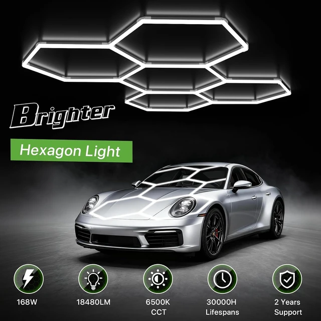 Alt view image 2 of 7 - Glitgate LED Hexagon Garage Lights, 5-Grid 168W 18,480LM 6500K, 100-240VAC