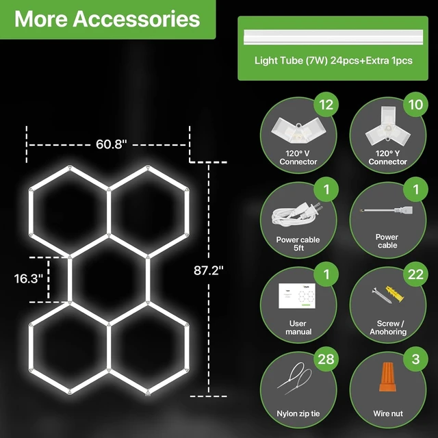 Alt view image 6 of 7 - Glitgate LED Hexagon Garage Lights, 5-Grid 168W 18,480LM 6500K, 100-240VAC