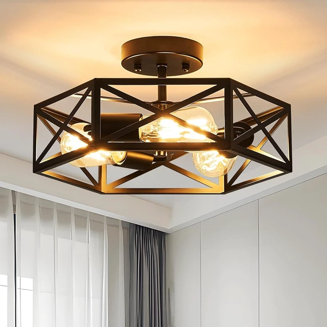 Main image of Modern Farmhouse Black Metal Semi Flush Mount Ceiling Light Fixture 14.6 in