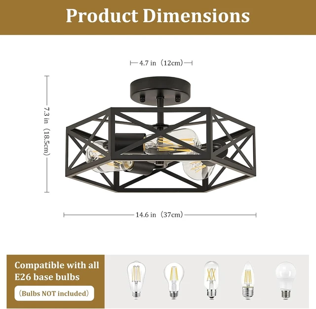 Alt view image 2 of 7 - Modern Farmhouse Black Metal Semi Flush Mount Ceiling Light Fixture 14.6 in
