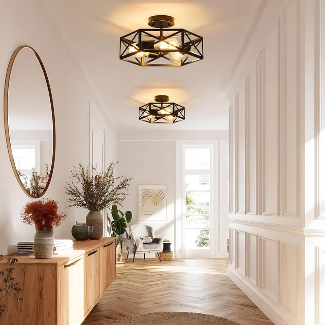 Alt view image 3 of 7 - Modern Farmhouse Black Metal Semi Flush Mount Ceiling Light Fixture 14.6 in