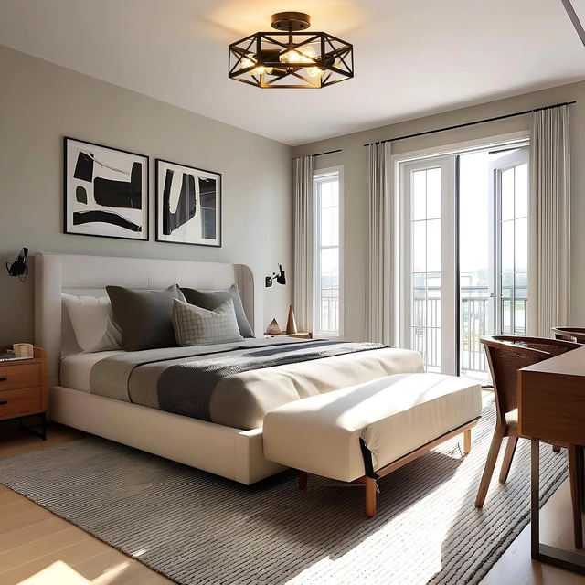 Alt view image 4 of 7 - Modern Farmhouse Black Metal Semi Flush Mount Ceiling Light Fixture 14.6 in