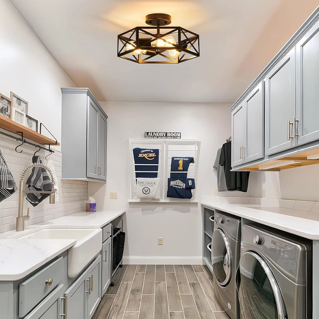 Alt view image 5 of 7 - Modern Farmhouse Black Metal Semi Flush Mount Ceiling Light Fixture 14.6 in